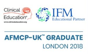 Clinical Education logo, IFM Educational Partner logo, AFMCP-UK Graduate London 2018 logo